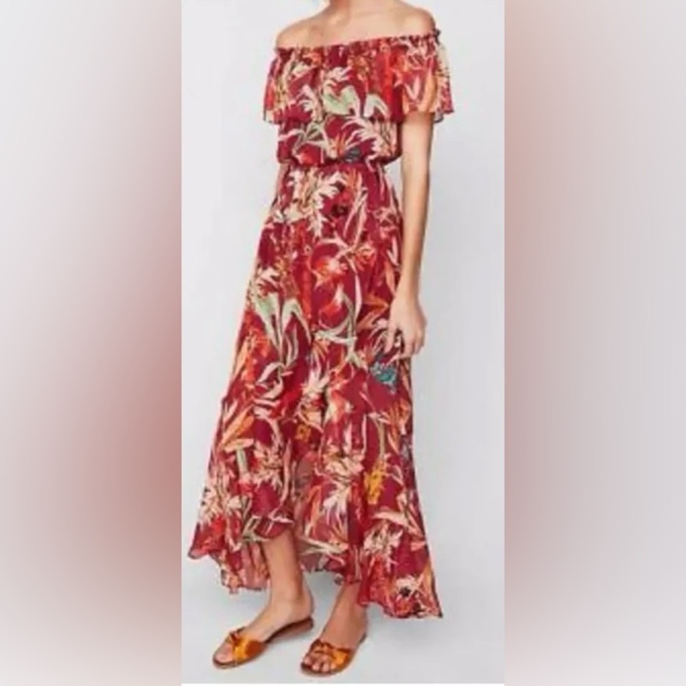Express Floral Off The Shoulder Ruffle Front Maxi Dress
